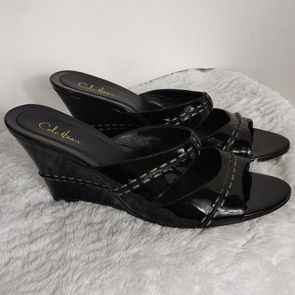 Cole Haan Black Patient Leather Wedge Sandals - Picture 1 of 6